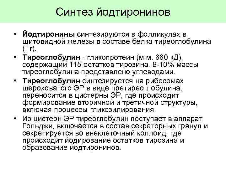 Синтез йодтиронинов • Йодтиронины синтезируются в фолликулах в щитовидной железы в составе белка тиреоглобулина