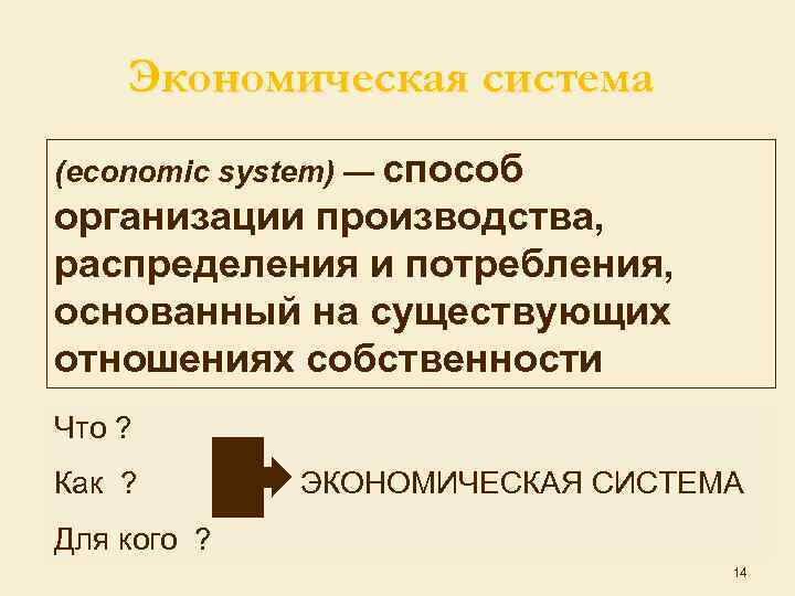 Экономическая система (economic system) — способ организации производства, распределения и потребления, основанный на существующих