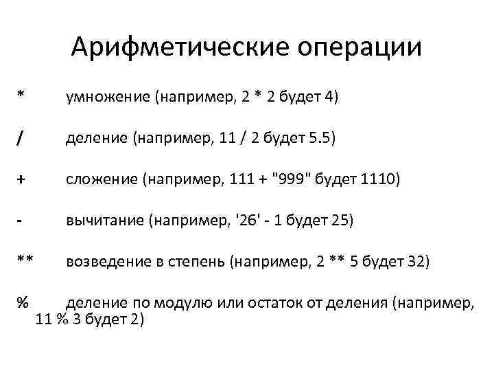 Арифметические операции * умножение (например, 2 * 2 будет 4) / деление (например, 11
