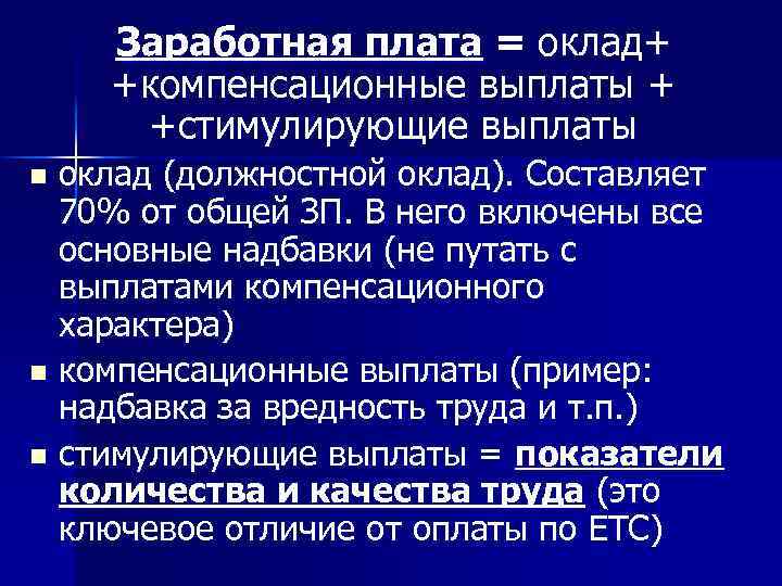 Заработная плата = оклад+ +компенсационные выплаты + +стимулирующие выплаты оклад (должностной оклад). Составляет 70%