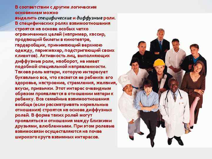 В соответствии с другим логическим основанием можно выделить специфические и диффузные роли. В специфических