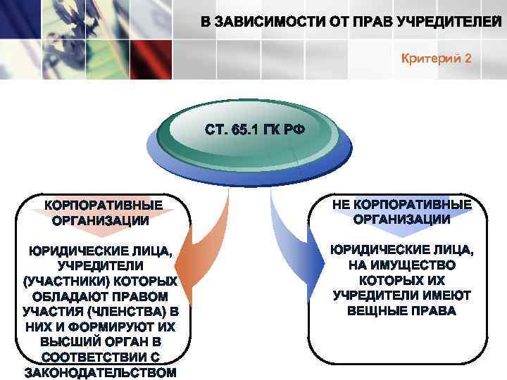 Критерий 2 СТ. 65. 1 ГК РФ КОРПОРАТИВНЫЕ ОРГАНИЗАЦИИ НЕ КОРПОРАТИВНЫЕ ОРГАНИЗАЦИИ ЮРИДИЧЕСКИЕ ЛИЦА,