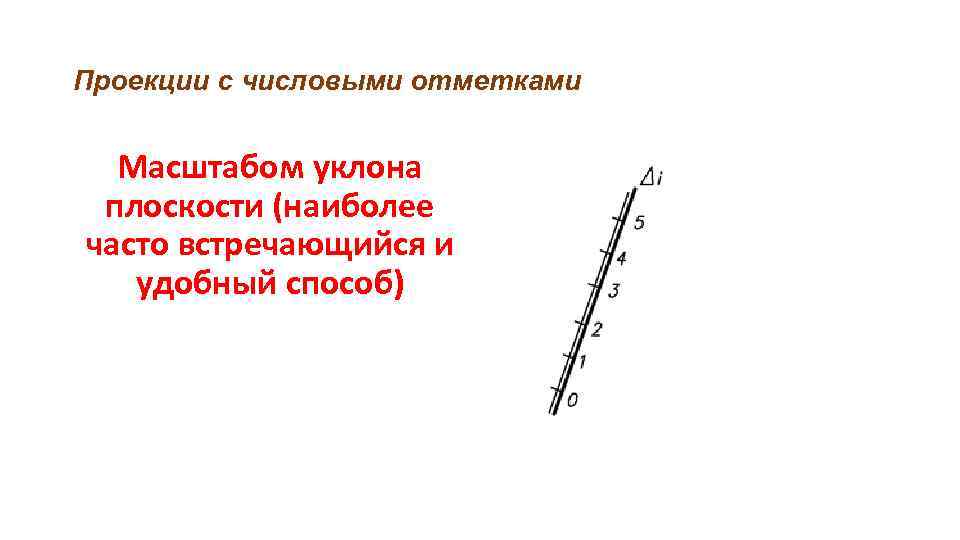 Проекции с числовыми отметками Масштабом уклона плоскости (наиболее часто встречающийся и удобный способ) 