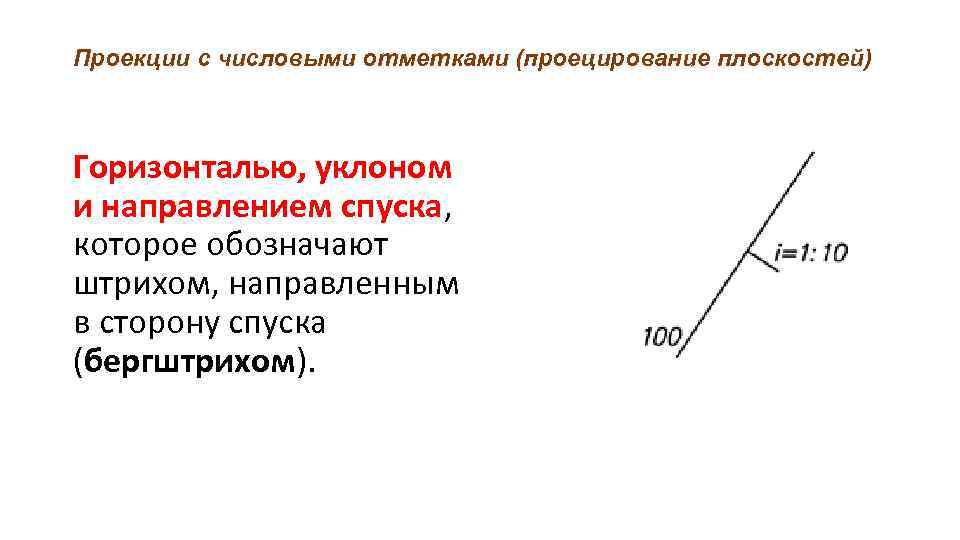 Проекции с числовыми отметками (проецирование плоскостей) Горизонталью, уклоном и направлением спуска, которое обозначают штрихом,