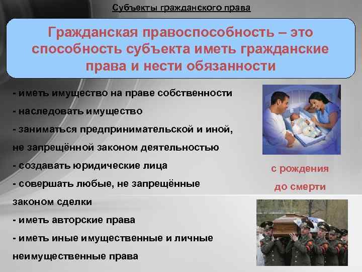 Субъекты гражданского права Гражданская правоспособность – это способность субъекта иметь гражданские права и нести