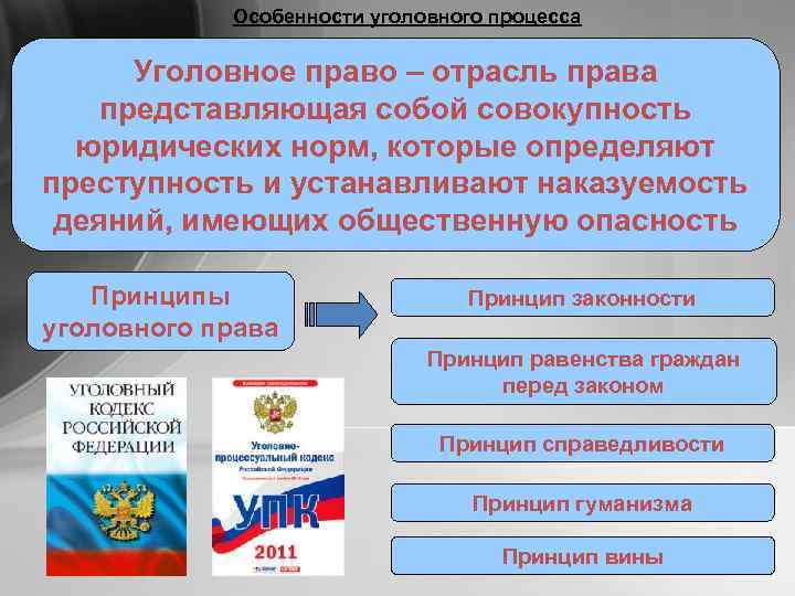 Особенности уголовного процесса Уголовное право – отрасль права представляющая собой совокупность юридических норм, которые