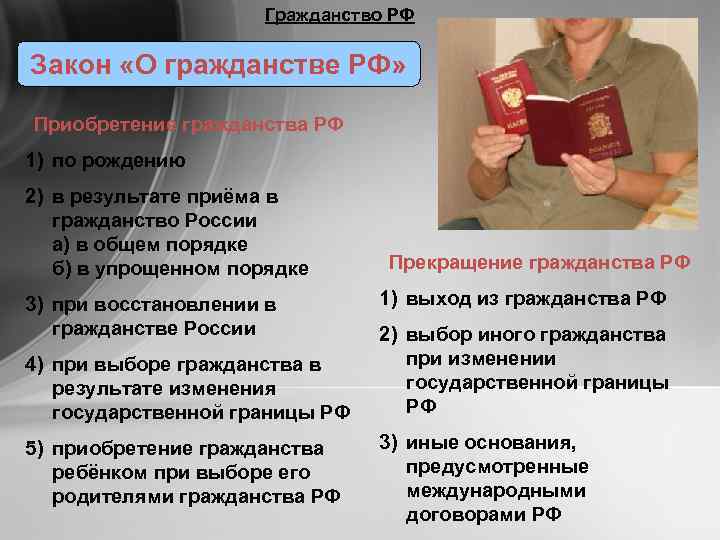 Гражданство РФ Закон «О гражданстве РФ» Приобретение гражданства РФ 1) по рождению 2) в