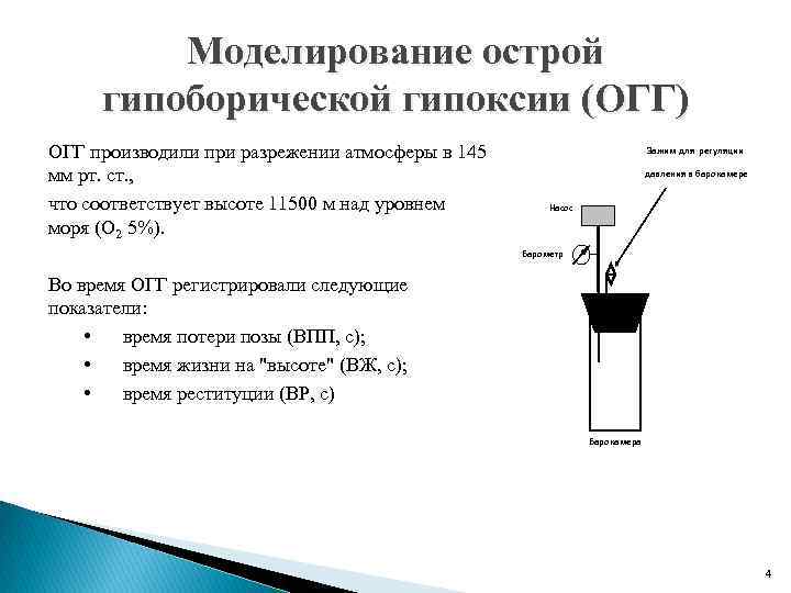 Моделирование острой гипоборической гипоксии (ОГГ) ОГГ производили при разрежении атмосферы в 145 мм рт.
