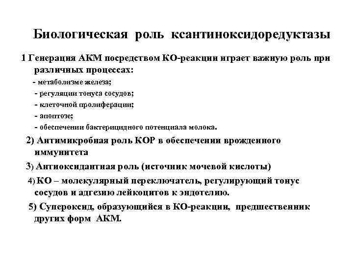 Биологическая роль ксантиноксидоредуктазы 1 Генерация АКМ посредством КО-реакции играет важную роль при различных процессах: