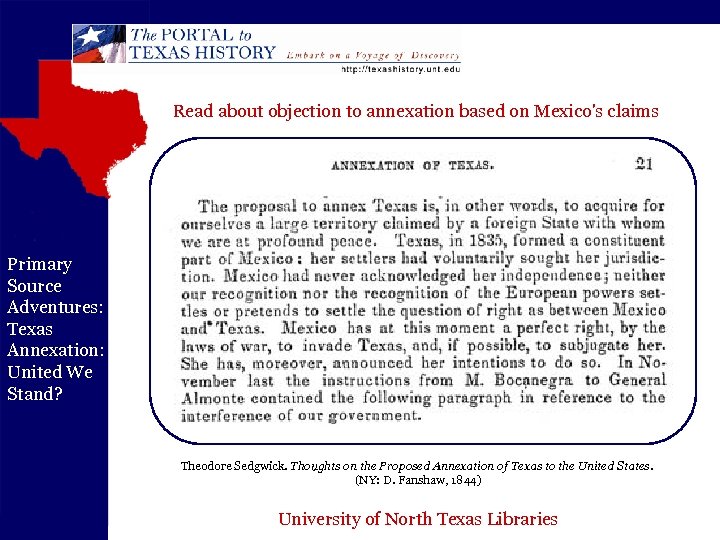 Read about objection to annexation based on Mexico's claims Primary Source Adventures: Texas Annexation: