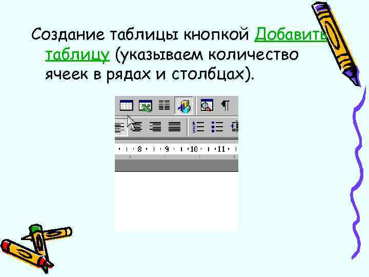 Создание таблицы кнопкой Добавить таблицу (указываем количество ячеек в рядах и столбцах). 