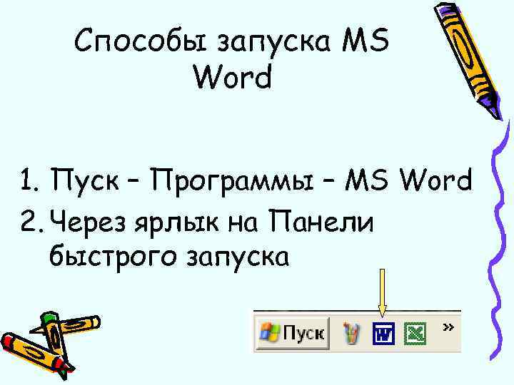 Способы запуска MS Word 1. Пуск – Программы – MS Word 2. Через ярлык