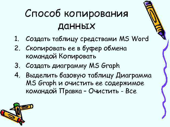 Способ копирования данных 1. Создать таблицу средствами MS Word 2. Скопировать ее в буфер