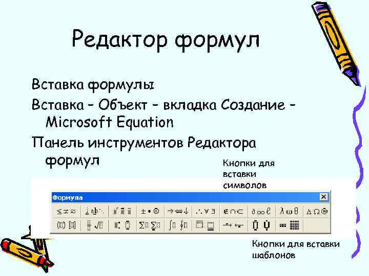 Редактор формул Вставка формулы Вставка – Объект – вкладка Создание – Microsoft Equation Панель