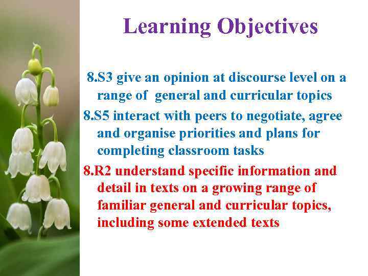 Learning Objectives 8. S 3 give an opinion at discourse level on a range