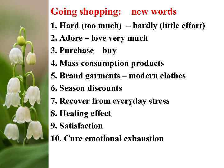 Going shopping: new words 1. Hard (too much) – hardly (little effort) 2. Adore