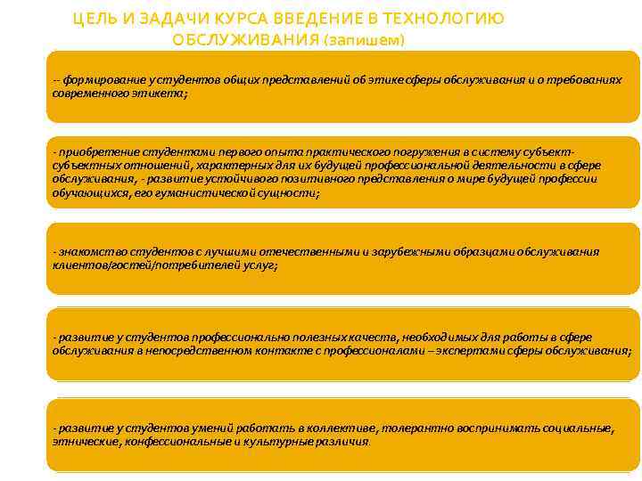 ЦЕЛЬ И ЗАДАЧИ КУРСА ВВЕДЕНИЕ В ТЕХНОЛОГИЮ ОБСЛУЖИВАНИЯ (запишем) -- формирование у студентов общих