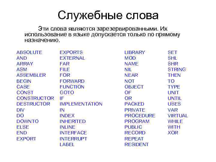 Служебное слово для определения пользовательской функции. Служебные слова. Служебные слова примеры. Служебные слова Паскаль. Служебные слова это какие.