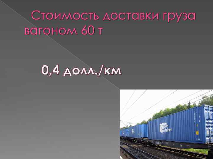  Стоимость доставки груза вагоном 60 т 0, 4 долл. /км 