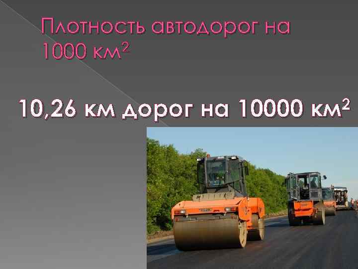 Плотность автодорог на 1000 км 2 10, 26 км дорог на 10000 км 2