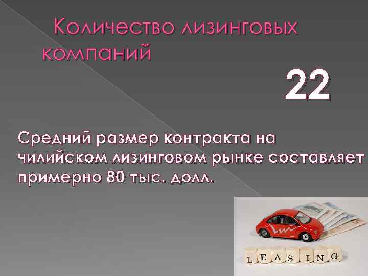  Количество лизинговых компаний 22 Средний размер контракта на чилийском лизинговом рынке составляет примерно
