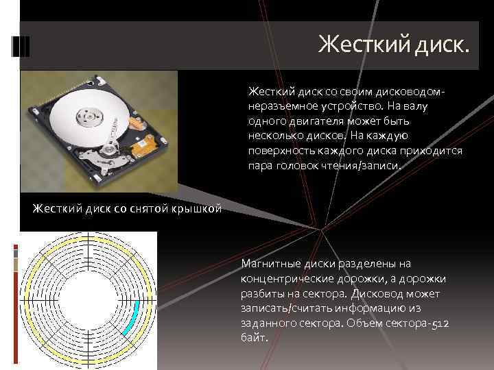 Жесткий диск со своим дисководомнеразъемное устройство. На валу одного двигателя может быть несколько дисков.