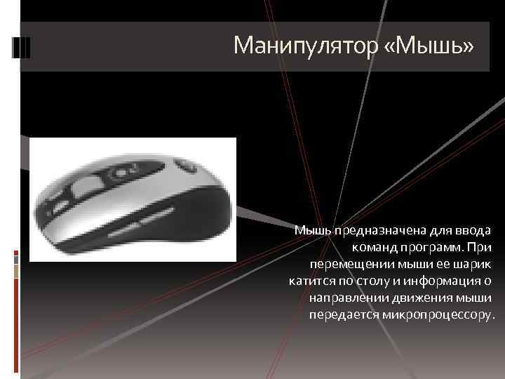Манипулятор «Мышь» Мышь предназначена для ввода команд программ. При перемещении мыши ее шарик катится