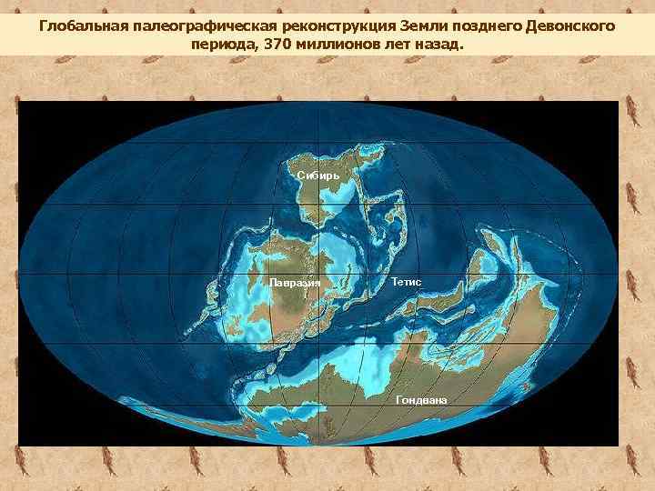Глобальная палеографическая реконструкция Земли позднего Девонского периода, 370 миллионов лет назад. Сибирь Лавразия Тетис
