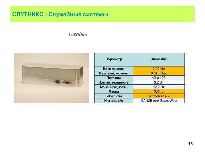 СПУТНИКС : Служебные системы Гиродин Параметр Значение Макс момент Макс кин. момент Питание Номин.