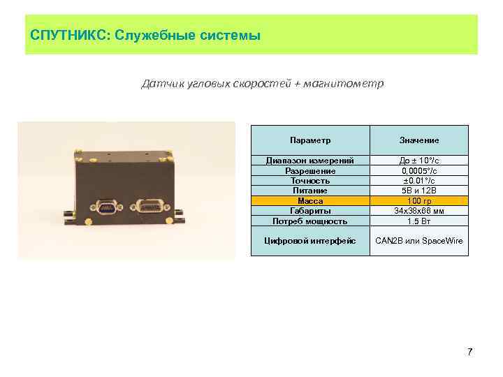 СПУТНИКС: Служебные системы Датчик угловых скоростей + магнитометр Параметр Значение Диапазон измерений Разрешение Точность