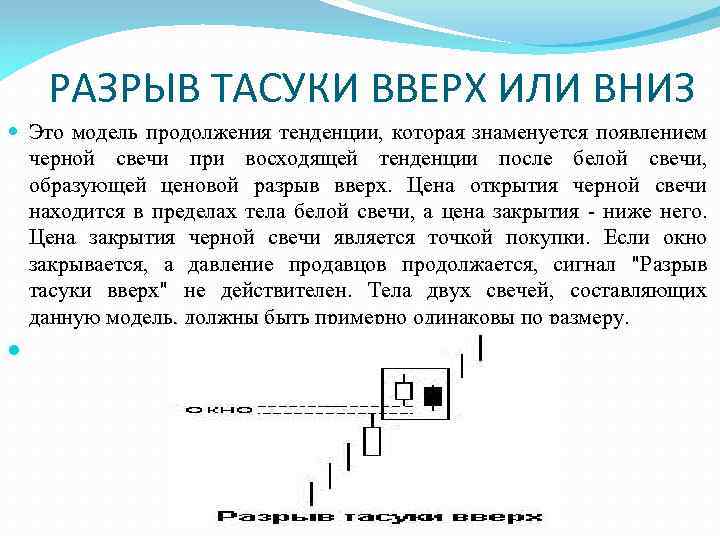 РАЗРЫВ ТАСУКИ ВВЕРХ ИЛИ ВНИЗ Это модель продолжения тенденции, которая знаменуется появлением черной свечи