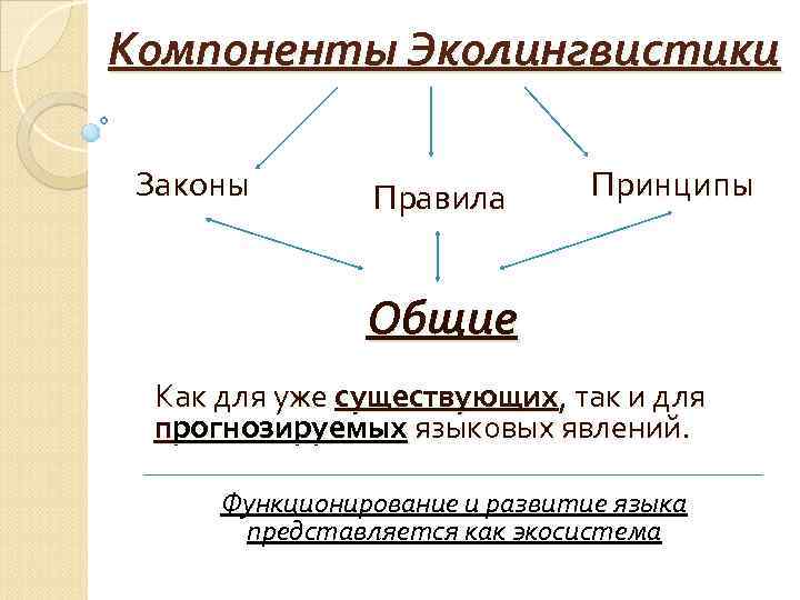 Компоненты Эколингвистики Законы Правила Принципы Общие Как для уже существующих, так и для прогнозируемых