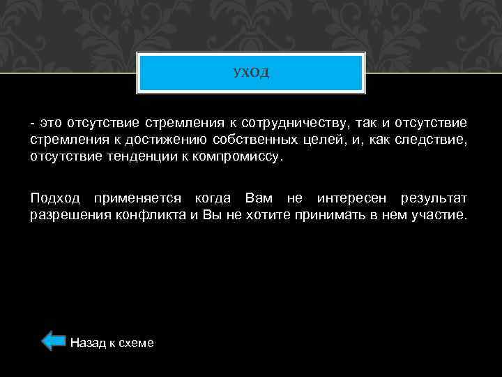 УХОД это отсутствие стремления к сотрудничеству, так и отсутствие стремления к достижению собственных целей,