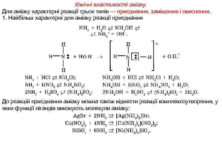 Хімічні властивості аміаку. Для аміаку характерні реакції трьох типів — приєднання, заміщення і окиснення.