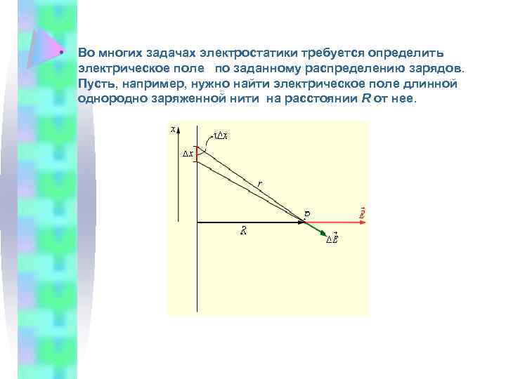  • Во многих задачах электростатики требуется определить электрическое поле по заданному распределению зарядов.