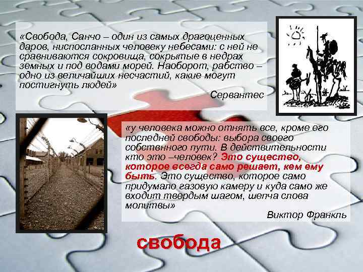  «Свобода, Санчо – один из самых драгоценных даров, ниспосланных человеку небесами: с ней