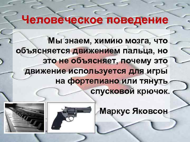 Человеческое поведение Мы знаем, химию мозга, что объясняется движением пальца, но это не объясняет,