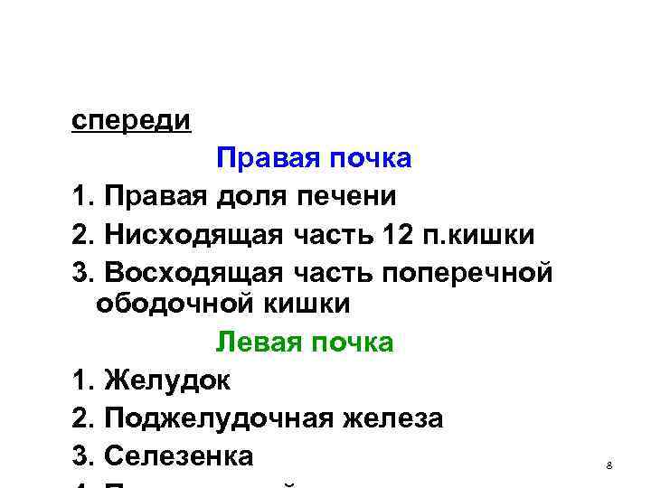 спереди Правая почка 1. Правая доля печени 2. Нисходящая часть 12 п. кишки 3.