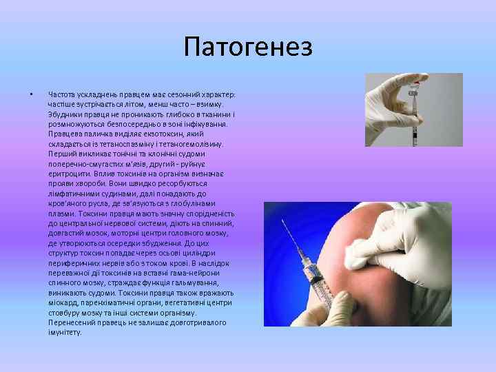 Патогенез • Частота ускладнень правцем має сезонний характер: частіше зустрічається літом, менш часто –