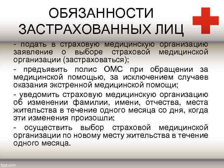 ОБЯЗАННОСТИ ЗАСТРАХОВАННЫХ ЛИЦ - подать в страховую медицинскую организацию заявление о выборе страховой медицинской