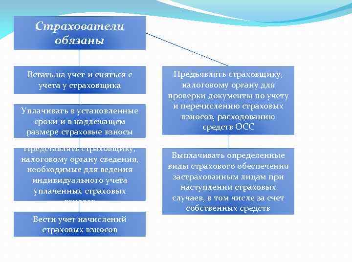 Страхователи обязаны Встать на учет и сняться с учета у страховщика Уплачивать в установленные