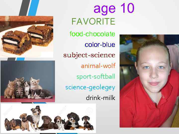 age 10 FAVORITE food-chocolate color-blue subject-science animal-wolf sport-softball science-geolegey drink-milk 