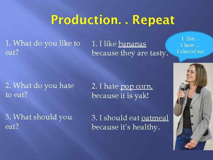 Production. . Repeat 1. What do you like to eat? 1. I like bananas