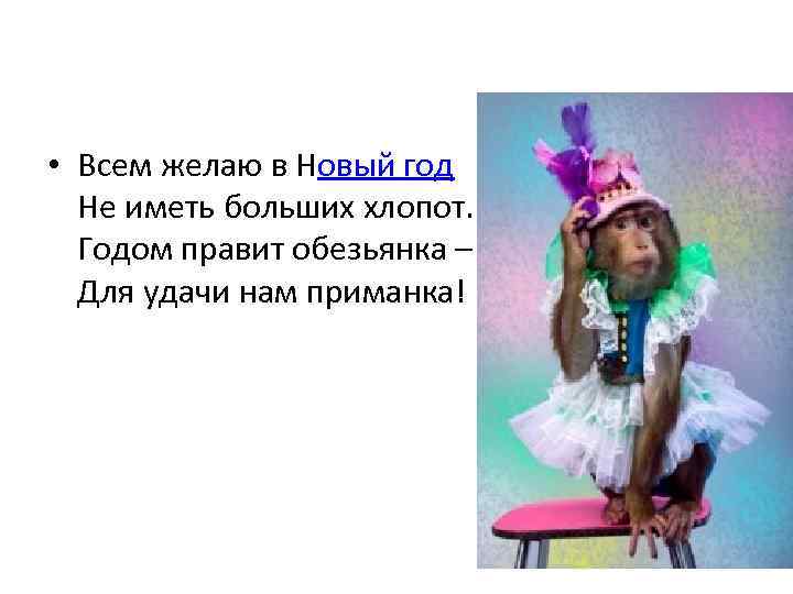  • Всем желаю в Новый год Не иметь больших хлопот. Годом правит обезьянка