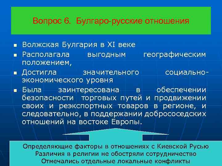 Вопрос 6. Булгаро-русские отношения n n Волжская Булгария в XI веке Располагала выгодным географическим