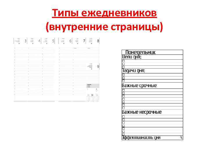Типы ежедневников (внутренние страницы) 