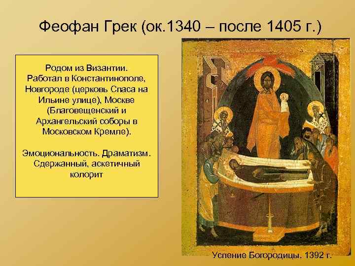 Феофан Грек (ок. 1340 – после 1405 г. ) Родом из Византии. Работал в