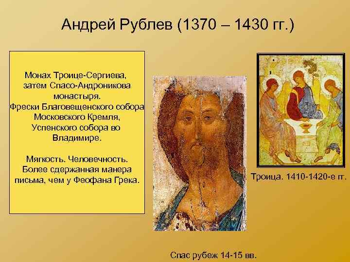 Андрей Рублев (1370 – 1430 гг. ) Монах Троице-Сергиева, затем Спасо-Андроникова монастыря. Фрески Благовещенского