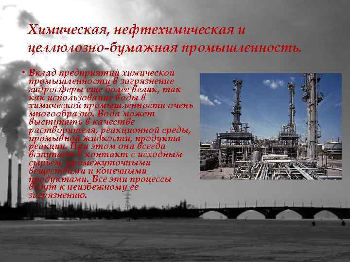 Химическая, нефтехимическая и целлюлозно-бумажная промышленность. • Вклад предприятий химической промышленности в загрязнение гидросферы еще