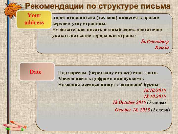 Рекомендации по структуре письма Your address Date Адрес отправителя (т. е. ваш) пишется в